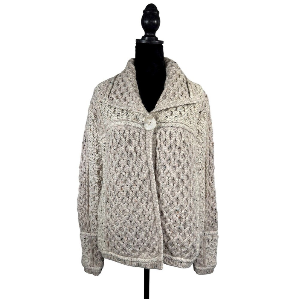 Aran Mor Chunky Speckled Wool Cableknit 1 Button Cardigan Sweater Size M